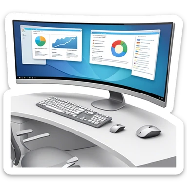 Create an emoji for UX/UI design. Show  large curved monitor displaying windows with UX/UI design HTML program interface. Include a mouse, keyboard, and stylus next to the screens. Use modern, professional colors. Do not include any emojis or smiley faces. Make the background transparent. sticker