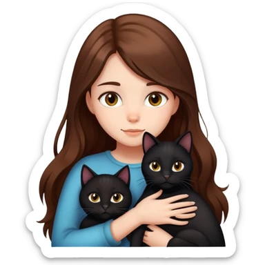 A girl with long brown hair hugs a black cat tightly sticker