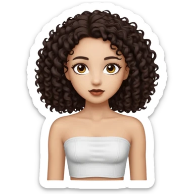 Woman with light skin and super dark brown-almost black colored irises eyes and waist length dark brown curly hair and white tube top with no straps sticker