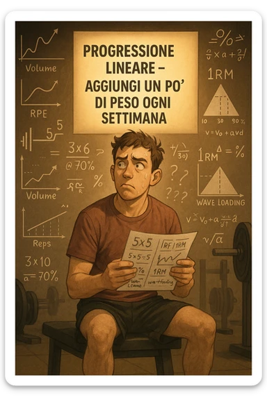Neofita in palestra, visibilmente confuso, seduto su una panca con in mano un foglio pieno di schemi complicati, numeri, percentuali e sigle (tipo 5x5, RPE, 1RM, wave loading, ecc). Ha un’espressione perplessa, guarda in tutte le direzioni. Intorno a lui appaiono in aria grafici intricati, metodi diversi, formule complicate. Ma sullo sfondo, in modo semplice e luminoso, c'è un cartello che dice: 'Progressione lineare – Aggiungi un po’ di peso ogni settimana'. La luce calda illumina proprio quel messaggio semplice. Contrasto visivo forte tra la confusione e la chiarezza. Stile realistico o illustrato, atmosfera educativa e motivazionale. sticker