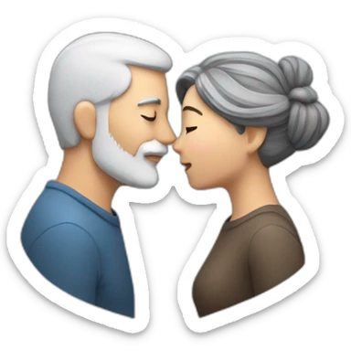 image of woman with dark brown hair kisses and hugs man with gray hair and white beard with floating hearts sticker