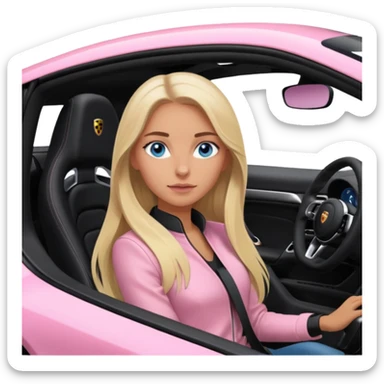 pink Porsche taycan with blonde girl, long hair, blue eyes, sitting in the car, girl in the driver seat, front view point of view, no sunglasses sticker