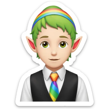 elf in black vest having rainbow tie sticker
