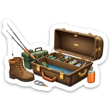 Icon for Fishing: a boat on the shore of a peaceful water body with a beautiful natural landscape, a fishing tackle box, a spinning rod, and boots nearby. The icon should capture the tranquility and gear of a fishing adventure. Transparent background. sticker