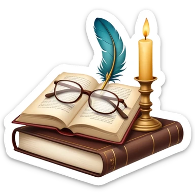 An icon showing an open classic book with elegant pages, a feather quill, and reading glasses resting on top. Behind it, a stack of literary works and a candle evoke deep study and timeless stories. Transparent background highlights the analysis of literature and texts. sticker
