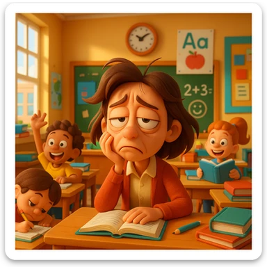 3d cartoon art of a exhausted teacher in a bustling classroom sticker