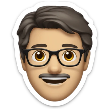 man dark brown hair parted to the right with thin dark blue black glasses, he has slightly protruding ears with a smile where he is missing a tooth between the canine and the palette. sticker