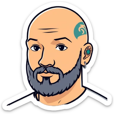 bald man with a beard and visible tattoo sticker