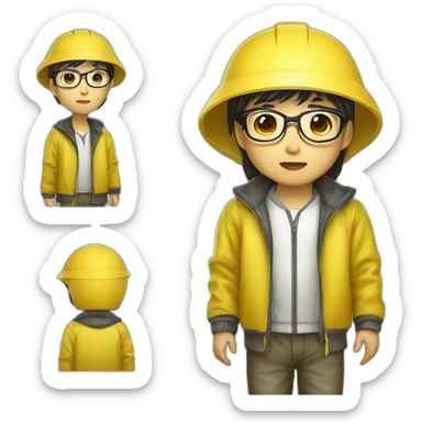 chinese boy with small eye and thick lip wearing thin metal glasses and withe safety helmet and yellow rain jacket sticker