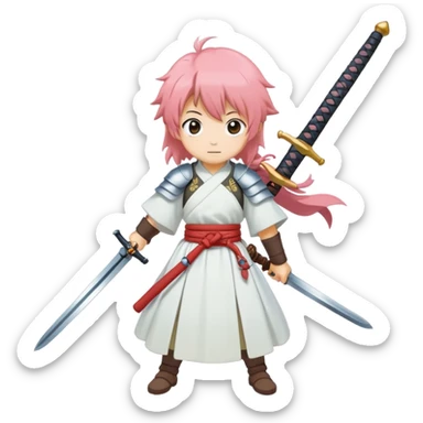 the blossom emoji and the sword emoji (not crossed ones) combined with eachother in an anime ghibli style sticker