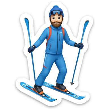 bearded man skiing down, blue outfit, smiling. full body view.  sticker