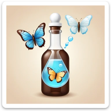 Small dark brown bottle with white cap floating next to a bright translucent butterfly-shaped thyroid icon, representing connection with metabolism and hormonal system sticker