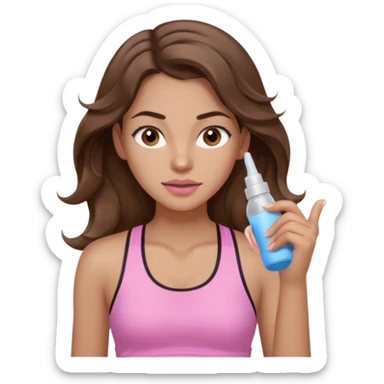 girl with wavy long brown hair, brown eyes, light to medium complexion, long lashes, light pink lipstick, wearing light pink shirt, working out sticker