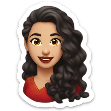 young moroccan woman with dark brown eyes, winking with one eye, smiling, dark long curling hair, red lips, black dress sticker