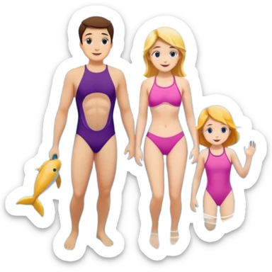 아이딸린 가족이 해변에서 돌고래 스노쿨링 하는 거 만들어줘 sticker