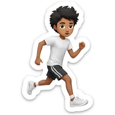 generate a pretty bratz brown skinned boy with black messy hair wearing a white tshirt and black running shorts. running on the street with white sneakers sticker