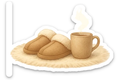 cozy slippers and a steaming mug on a rug, soft and peaceful sticker