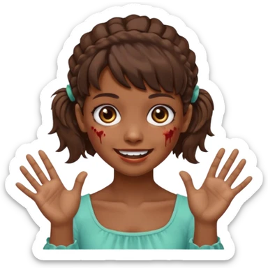 Cabelo ondulado  um pouco cheio e franja curta  Olhos marrons e pequenos e feita d ezumbi mais bonita com cabelo amarro na e com as mãos assim tipo assim🧟‍♀️ sticker