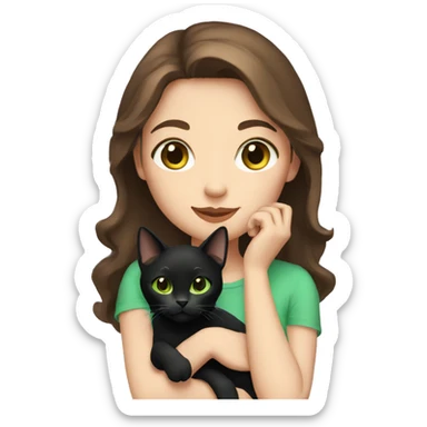 Girl with brown hair Green eyes holding a black cat sticker
