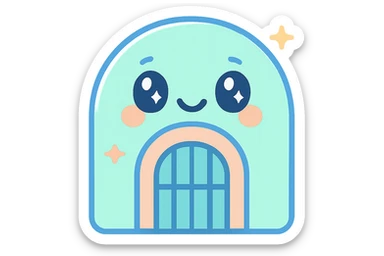 A cute and cartoonish dungeon emoji with friendly elements, bright and cheerful colors sticker