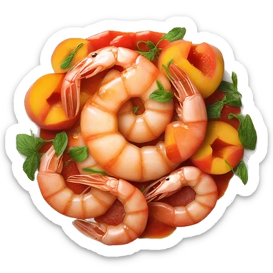 plate with tomato coulis; shrimps and peaches on top sticker