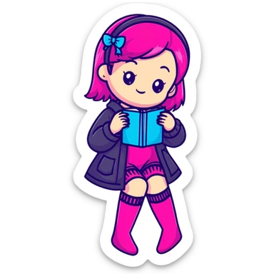 Cute girl character in stockings adjusting fashion accessory, bright pink gradient, transparent glass style with highlights sticker