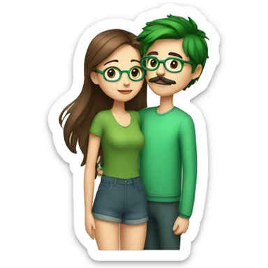 A boy with brown hair and a mustache is kissing a green haired girl wearing glasses sticker
