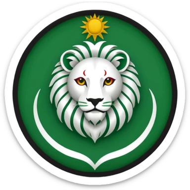 Minimalist black and white emblem emoji, inspired by the Faravahar symbol. Centered Lion and Sun emblem of Iran colored in green, white, and red like the Iranian flag. Circular design, clean simple lines, suitable for small size sticker