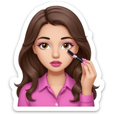 girl with long wavy brown hair, brown eyes, light to medium complexion, in a pink shirt, pink lips, long lashes, puckered lips, putting on mascara sticker