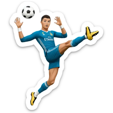 Ronaldo doing a bicycle kick with football in mid air While wearing a Retro blue Real madrid kit and yes i want it to be exactly the same as he Scored it in 2018 vs Juventus  sticker