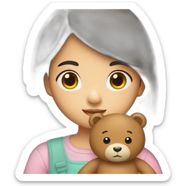 little asian girl holding a teddy sticker