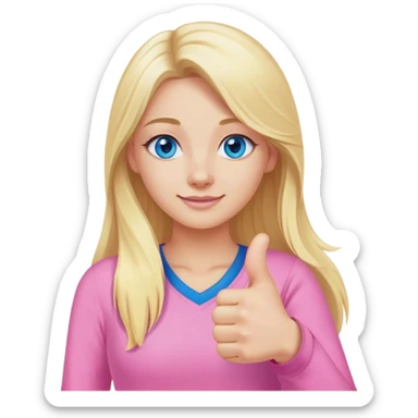 Pretty Blonde with long hair model, blue eyes In pink clothes, thumbs up sticker
