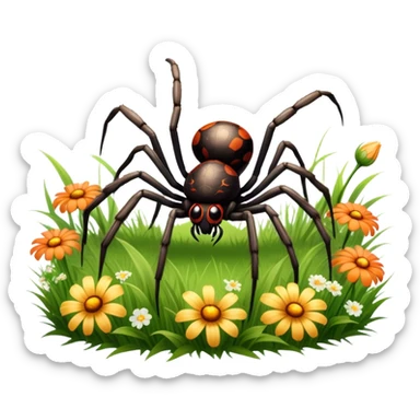 Huge spider sitting on grass with flowers, surrounded by a lush meadow. Detailed legs and body, with soft natural lighting enhancing its texture. Calm, serene background with vibrant greenery and a clear sky. Transparent background. sticker