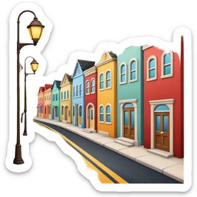 emoji of a small cozy street scene — a narrow road with a sidewalk, a few colorful buildings on the sides, and a streetlight. Soft daylight, clean design, minimal background, cheerful and detailed Apple emoji style sticker