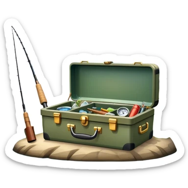 Icon for Fishing: a boat on the shore of a peaceful water body with a beautiful natural landscape, a fishing tackle box, a spinning rod. The icon should capture the tranquility and gear of a fishing adventure. Without frame. Transparent background. sticker