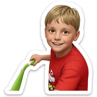 smiling boy in red shirt sticker