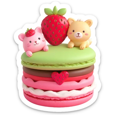 A cute macaron with a strawberry on top, featuring two adorable animals peeking out from between the layers sticker