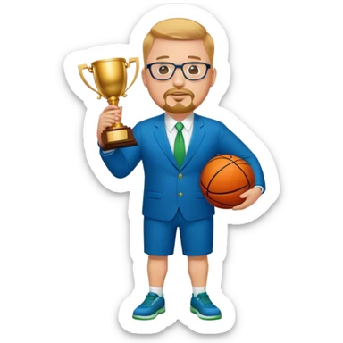 Full Body white fat male  wearing glasses with a goatee with strawberry blond very short hair basketball head Coach in blue and green suit holding trophy sticker