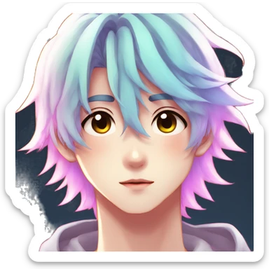 Gorgeous anime style shojo man with blushing face aesthetic and pretty colorful shiny gradient pastel hair trending style sticker