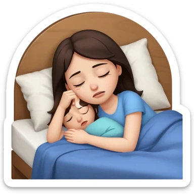 generate a girl brunette sleeping in bed. Looking upset sticker