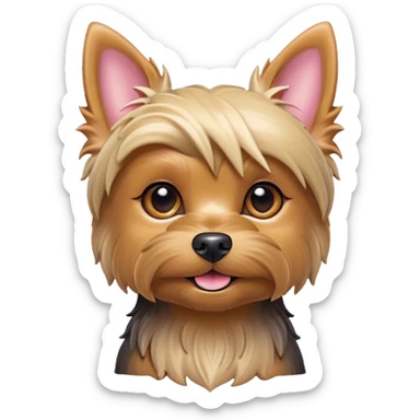 Cinematic Cute Yorkshire Terrier Portrait Emoji, Head perked with bright, twinkling eyes and a perky expression, showcasing a soft, silky fur in rich hues, simplified yet adorably detailed, glowing with a cheerful, inviting glow, high shine, exuding playful intelligence and spunky charm, styled with a gentle, whimsical outline, capturing the essence of a cute Yorkshire Terrier that appears ready to frolic off the screen with irresistible energy! sticker