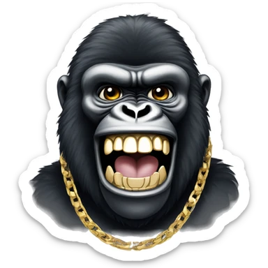 a smiling gorilla with rhinestones on his teeth and a gold rapper chain around his neck sticker