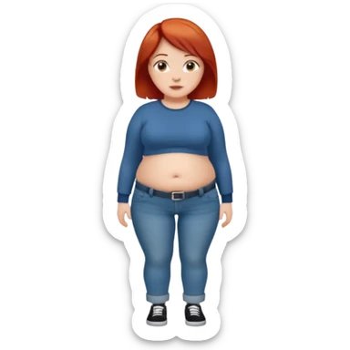 Lazy old Short woman with straight short red hair and fat tummy..wears jeams and full sleeve  tshirt sticker