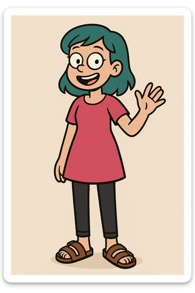 cartoon style girl with teal hair, wearing a hot pink dress, black jeans, and brown birkenstocks, cheerful sticker