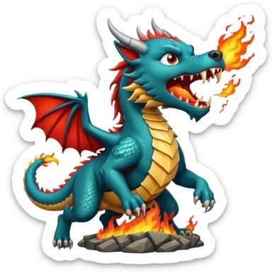 un dragon, un lion cracheur de feu attaquant un loup, scène de bataille sticker