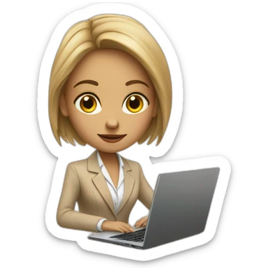A girl in a beige business suit sits at a laptop sticker