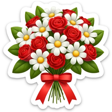 one red flower and one white flower in bouquet with red band sticker