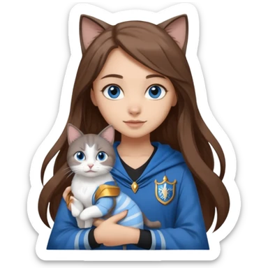 gorgeous Girl with light skin, blue eyes, long brown hair, wears a ravenclaw outfit, with a grey and white cat holding in her arms sticker