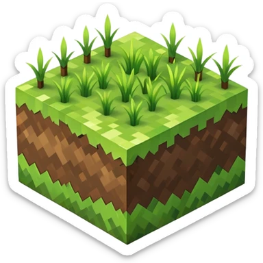 Minecraft grass block, square shape, brown and green, smooth, isometric sticker
