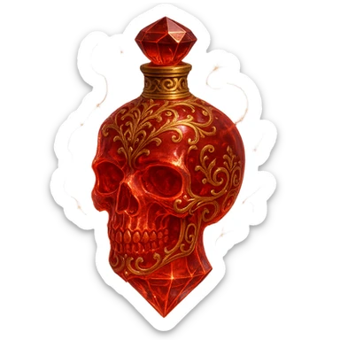 luxurious elixir bottle skull-shaped, red color, very small barely visible golden collar, lots of glowing, edges, light refractions, golden details, ornaments, magical effects, transparent background, beautiful connected bottom, bottle clearly floating in air, no base or shadow, premium class impression, design matches crystal luxurious magical bottle collection sticker